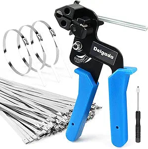 Delgada Metal Zip Tie Tool with 100PCS Stainless Steel Zip Ties Heavy Duty Cable Tie Wrap Gun for Tightening and Cutting Outdoor Chain Link Fence Exhaust Pipe