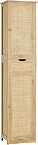 Iwell Tall Narrow Storage Cabinet with Doors, Rattan Cabinet with Adjustable Shelves, Freestanding Linen Storage for Living Room, Entryway, Kitchen, Bathroom, Natural