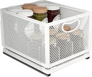 Sliding Cabinet Basket Organizer Drawer Self Adhesive Slide out Pantry Shelves Heavy Duty Carbon Steel Slide Cabinet Storage Basket with Handle for Bathroom Kitchen Home