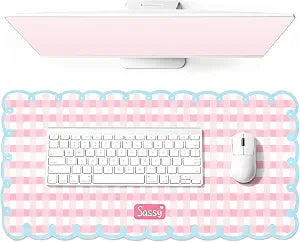 Zkptops Pink Scalloped Gingham Desk Mat Cute Large Keyboard Mouse Pad Girly