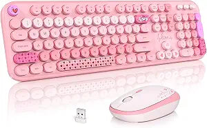 MOFII Wireless Keyboard and Mouse Combo, Cute Keyboard Full Size and Wireless Mouse, 2.4GHz Retro Typewriter Keyboard Wireless Mouse Set for PC/Desktop/Laptop/Windows (Pink Colorful)