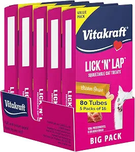 Vitakraft Lick 'N' Lap Real Chicken Squeezeable Liquid Cat Treats, Lickable, Chicken Broth #1 Ingredient, No Artificial Colors, Preservatives or Added Sugar, for Hydration, 0.52 oz. Tubes, 80 Count