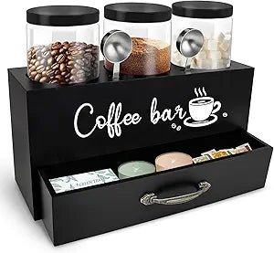 MACIFECI 54 oz Coffee Canister Set with Shelf, Coffee and Sugar Container Set of 3 Canisters Sets for Kitchen Counter, Plastic Coffee Bean Storage Container with Scoop (Black - Drawer)