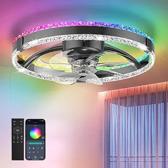 RGB Low Profile Ceiling Fan with Lights,RGB Ceiling Fans with Lights and Remote, 3000-6500K Dimmable Modern Flush Mount LED Fan Lights, 6 Wind Speeds Ceiling Fans for Bedroom