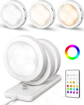 EZVALO 6-Pack Rechargeable Puck Lights with Charging Station, Under Cabinet Lighting with Remote, 2.95'' Mini Tap Lights, 16 RGB Colors & 3 Color Temperatures, Dimmable Stick-On Lights