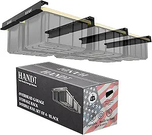 USA Based Overhead Garage Storage Rack, Connectable Heavy Duty Metal Ceiling Rails Garage Storage Organization Shelving System, Hanging Racks Tote Containers, Supports Up To 6 Bins, 4 Sets Black