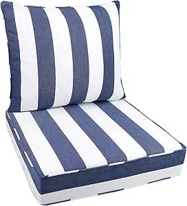 Outdoor Seat Cushion Set, 24 x 24, Rain-Proof & Fade Resistant, Patio Furniture Cushions with Deep Seat Bottom and Back, Removable Cushions for Chair, (Sapphire Blue Cabana Stripe)