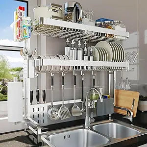 LIVOD Over The Sink Dish Drying Rack,3 Tier Adjustable Length Full Stainless Steel Large Storage Kitchen Dish Rack,for Kitchen Counter Expandable Multifunctional Organizers,Silver (25.5'' to 37.6'')