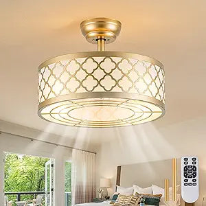 Bella Depot 18" Boho Ceiling Fans with Lights, Gold Caged Fandelier, Boho Chandelier Fan with Remote Control, Bladeless Fan, 6 Speeds Reversible for Bedroom Nursery Small Spaces