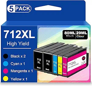 5 Pack 712XL Ink Cartridges Replacement 712 Ink Cartridge 80ml Remanufactured for HP DesignJet T650 T630 T250 T230 T210 Studio Plotter Printer(2X Black,1x Cyan,1x Magenta,1x Yellow)