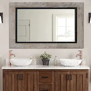 YOSHOOT Rustic Wooden Framed Wall Mirror, 30"x20", Natural Wood and Iron Bathroom Vanity Mirror for Farmhouse Decor, Vertical or Horizontal Hanging