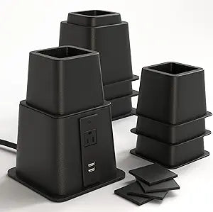 Home Intuition Heavy Duty Adjustable Bed Risers Furniture Riser 3, 5 or 8-Inch, 4 Pack (Black W/USB)