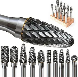10 Pcs Carbide Burr Set 1/4 Shank w/Big Beech Holder Die Grinder Bits Drill Bits Grinding Bits for Metal Rotary Tool Attachment Accessories Rasp Weld Wood Stone for Milwaukee Dewalt