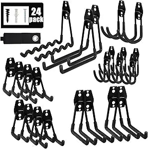 AOBEN 24PCS Garage Hooks, Heavy Duty Double Garage Hanger Organizer Wall Mount Iron Anti-Slip Garage Storage Hooks for Ladder, Power Tool,Bike,Ropes23 Hooks & 1 hoder Strap-Black