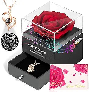 ADDWel Preserved Rose Gifts for Her Mothers Day  Romantic Eternal Rose with I Love You Necklace and You are My Sunshine Music Box for Women Perfect for Girlfriend Wife on Birthday Anniversary