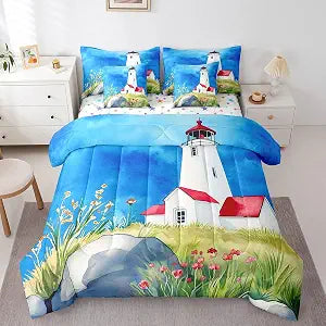 Lighthouse Bedding Set White And Red Lodge Cabin Comforter Sets for Girls Boys Teens Rustic Nautical Twin 7 Pieces Bed In A Bag Natural Scenery Flowers Farmhosue Decor Sheet Set With Comforter