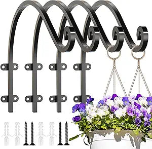 EPHECH 4 Pack Heavy Duty Plant Hanger Hook for Outdoor and Indoor, 16Inch Wall Hanging Basket Bracket, Black Metal Outdoor Hanging Bracket for Hanging Flower Pot Bird Feeder Lanterns