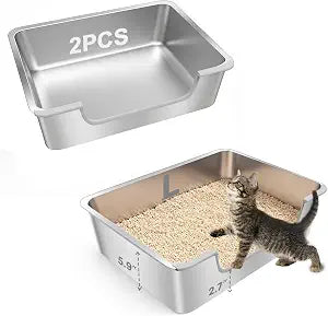 2-Pack Low Entry Litter Box for Senior Disabled & Injured Cats, Stainless Steel High Sided Enclosed Easy Step in Entry-Metal Kitty Litter Box for Kittens, Odor Control (19.7"x13.8"x5.9")