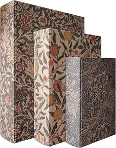 Wooden Book Box Set of 3  Vintage Floral Designs with Linen Fabric Covers and Magnetic Closure, William Morris Style Hidden Storage for Bookshelf, Home or Office Decor