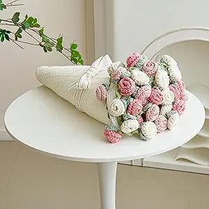 Crochet Flower Bouquet Throw Blanket, Handmade Knitted Blanket with Rose Flowers, Cute Romantic Gift for Her Girlfriend Mom Mothers Day Valentine Wedding Anniversary Birthday, Pink and White