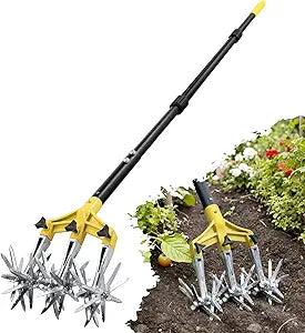 Colwelt Rotary Cultivator Garden Tool 61, Hand Tiller Garden Tool with Detachable Aluminum Tines, Cultivators for Gardening Soil or Reseeding Grass, Manual Cultivators & Tillers for Flowers Beds