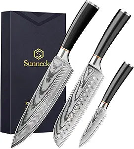 Sunnecko Damascus Knives Set,Japanese VG10 Core Steel Damascus 3PCS Chef Knife Set,Professional Razor Sharp Kitchen Knives Set with Knife Sharpner