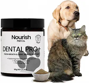 Nourish Pet Co. Dental Pro+ Pet Dental Powder for Dogs & Cats  Dog Teeth Cleaning Powder, Plaque and Tartar Remover, Pet Oral Care Food Topper for Cleaner Teeth & Fresher Breath, 60 Servings