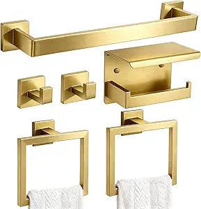 Brushed Gold Bathroom Accessories 6-Piece, Stainless Steel Luxury Bathroom Hardware Set, 16" Towel Bar, Toilet Paper Holder with Shelf, 2 Towel Rings & 2 Hooks, Wall Mounted for Bathroom Remodel