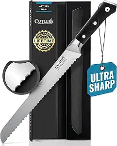 Cutluxe Bread Knife  10" Serrated Knife for Homemade, Sourdough Bread  Forged High Carbon German Steel  Full Tang & Razor Sharp  Ergonomic Handle Design  Artisan Series