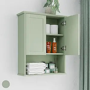 Bathroom Cabinet Wall Mount Buffering Hinge,23"x29" inch Over Toilet Storage Cabinet and Adjustable Shelves, Large Space Wooden Medicine Cabinet (Light Green)