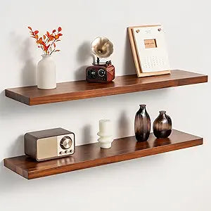 32 Inch Teak Floating Shelves Set of 2 - Solid Natural Wood Wall Mounted Shelves with Invisible Brackets - Heavy Duty Waterproof Storage for Bathroom, Kitchen, Living Room & Outdoor