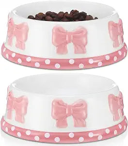 Reallnaive 2 Pcs Pink Bow Ceramic Bowl for Small Dog and Cat Cute Bowtie Pet Bowl for Food Water Macaron Pink Dish Pets Feeding Bowls Suitable Small Cat Dogs