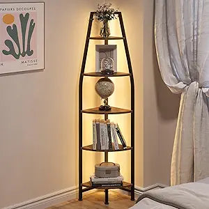 CHOEZON Corner Shelf with Lights, Corner Bookshelf with Metal Frame, 5-Tier Tall Ladder Shelf, Storage Rack for Home Office, Bedroom, Living Room, Rustic Brown and Black TCJ71DBF