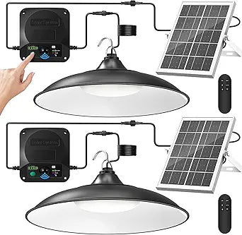 Solar Shed Light Indoor Outdoor, 2Pack 2000LM Motion Sensor Pendant Light, Daytime Available Solar Indoor Lights with 4 Lighting Modes Remote Control for Barn, Patio, Gazebo, Shop, Garage