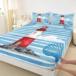 Homewish Lighthouse Print Bedding Set Twin Size Blue Stripes Bed Set for Girls Teens Bedroom Decor Kids Shell Conch Fitted Sheet Soft Microfiber Nautical Theme Bed Cover(1 Fitted Sheet+1 Pillow Case)