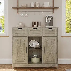 Viaozutis Storage Cabinet, Coffee Bar Cabinet with 2 Adjustable Shelves, 3 Drawers, and 2 Doors, for Bathroom, Kitchen, Living Room (Gray)