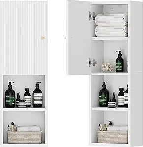 Qupui Fluted Bathroom Wall Cabinet, 31.5" Tall 4-Tier Narrow Medicine Cabinet Organizer with Adjustable Shelf & Doors, Wall Mounted Storage Cabinet for Bathroom, Laundry Room, Small Kitchen (White)
