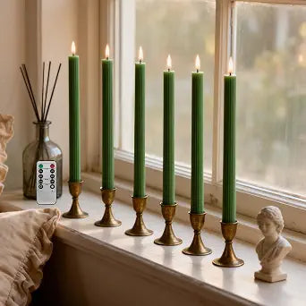 6 Pack LED Flameless Green Fluted Ribbed Grooved Taper Candles