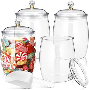 Nuogo 4 Pcs Plastic Candy and Cookie Jars with Lids Clear Cookie Container Candy Jars Large Airtight Apothecary Storage Organization for Wedding Home Kitchen Bar(64 oz)