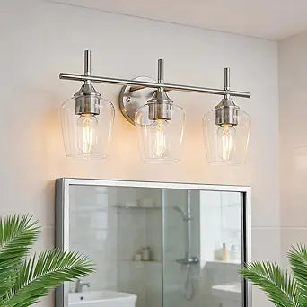 Bathroom Lights 3 Light, Modern Bathroom Vanity Light Fixtures Over Mirror with Clear Glass Shade, Wall Sconce Lamp for Bedroom Hallway Living Room Kitchen, Nickel Brushed Finish