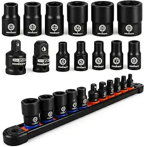 HORUSDY E-Torx Socket Set 13-Piece External Socket Set | 11-Piece Female E-Torx Sockets (E4-E20) Star Socket Set | 2-Piece Impact Socket Adapter Set