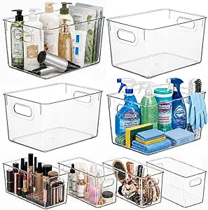 MOONEDGE 8 Pack Modular Clear Plastic Storage Organizer Bins  4 Large & 4 Narrow, Nestable Space-Saving System for Pantry, Kitchen, Fridge, Bathroom & Cabinet Organization - Versatile & Easy to Use
