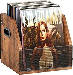 Homeiju Vinyl Record Storage, Record Box Case Crate, Vinyl Record Album Holder, Desktop Metal & Wooden LP Record Crate, Holds up to 60 RecordsPatent No.D1024563