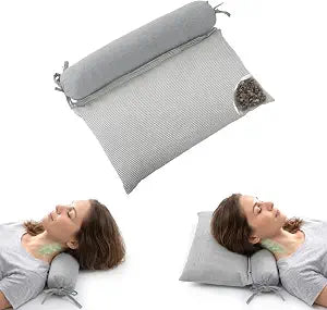 2-in-1 Adjustable Buckwheat Pillow, Detachable Bone Pillows for Neck Support, Hulls Firm Buckwheat Neck Pillow for Pain Relief, Washable Cover for Side & Back Sleepers (Gray)
