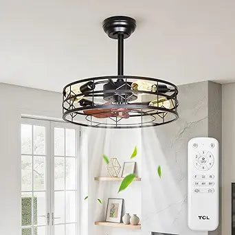 TCL 20 Inch Caged Ceiling Fans with Lights and Remote, Low Profile Flush Mount Fandelier, Rustic Farmhouse Style Ceiling Fans for Bedroom,Kitchen,Living Room,Easy to Install