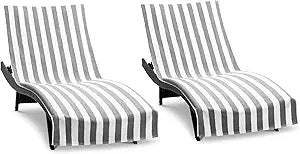 Arkwright California Chaise Lounge Cover Towel with Pocket - Pack of 2 - Striped 100% Cotton Cabana Cover for Beach Pool Outdoor Chairs, 30 x 85 in, Grey