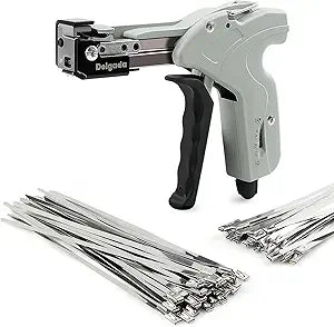 Delgada Stainless Steel Cable Tie Gun Kit with 100PCS Self-Locking Metal Zip Ties Outdoor Heavy Duty Fastening Zip Tie Tightening Tool for Chain Link Fence Pipes