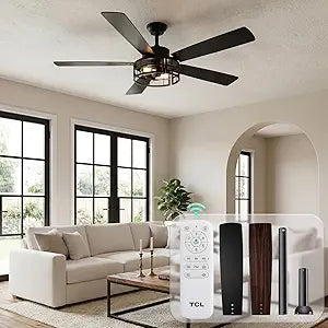 TCL 52 Inch Farmhouse Ceiling Fan with Light and Remote, Black Industrial Caged Flush Mount Ceiling Fans with 6 Speed Reversible Motor and Dual Finish 5 Blades,Ceiling Fan for Living room (black1, 52)