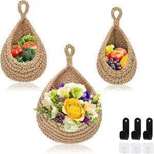 Hanging Fruit Baskets for Kitchen, 3 Pack Boho Hanging Wall Basket with 6 Pcs Strong Hooks, Teardrop Storage Baskets for Fruits, Vegetables, Onion - Decorative Organizing Wall Baskets for Home