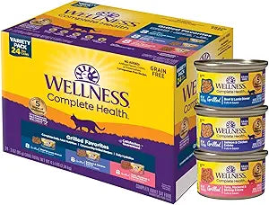 Wellness Complete Health Grilled Favorites Variety Pack Adult Canned Wet Cat Food, Natural, Protein Rich, Grain Free, 3 oz, Pack of 24 Cans